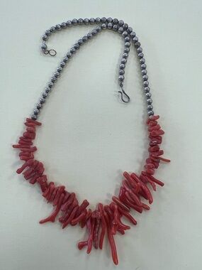 Red Coral Branch Necklace with Silver Bead Chain Navajo